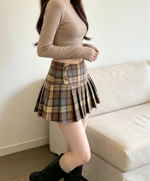 GEMEDA（ジェメダ）の「秋冬新作　ダブルメタルボタンデザインチェック柄スカート（スカート・レディース・ブラウン/ダークグレー・M）」の5枚目の写真
