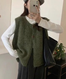 シャギー 前開きボタン ニットベスト