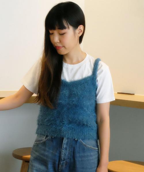 Another Edition（アナザーエディション）の「フェザーヤーンキャミソール/EMFC ﾌｪｻﾞｰ ﾔｰﾝV/N NSL PO◆（キャミソール・レディース・ブラック/ベージュ/ライトピンク/ターコイズブルー・FREE）」の4枚目の写真