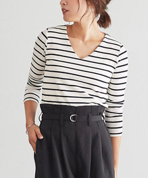 Pierrot | 【1枚でも透けにくい、前身頃2枚仕立て】Vネック テレコリブカットソー(Tシャツ/カットソー)