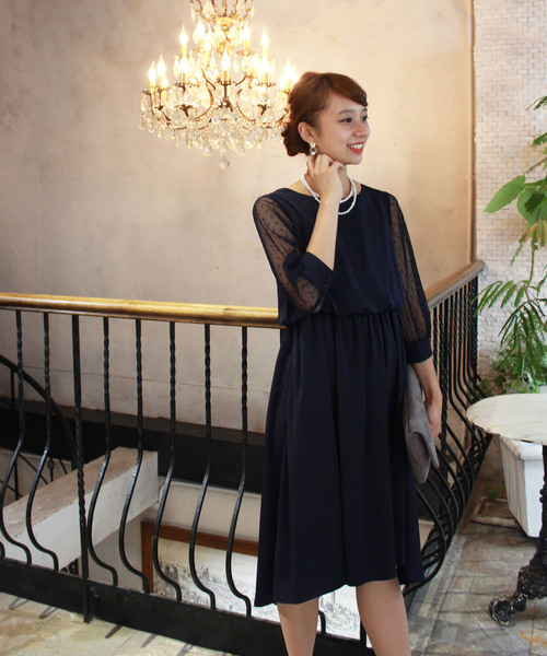 セール】ドットチュールウエストゴムロングワンピース/結婚式・成人式