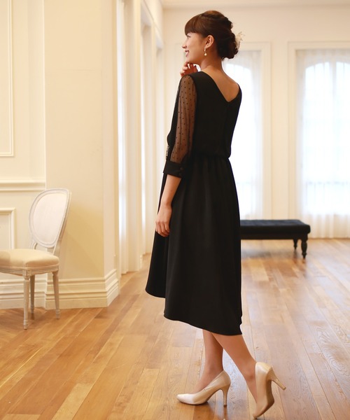 TRUDEA（トルディア）の「ドットチュールウエストゴムロングワンピース/結婚式・成人式・謝恩会ワンピース・パーティードレス（ドレス・レディース・ブラック/ネイビー/グリーン/マスタード/ミント/ブルー・MEDIUM/LARGE/SMALL）」の15枚目の写真
