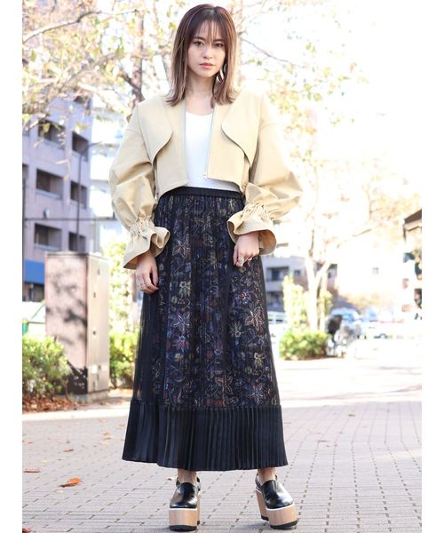 【在庫限り】MURUA ロングスカート　花柄　フレア　シースルー 赤　黒　人気 marai フレアスカート 秋 冬 黒 スカート ロング フレア
