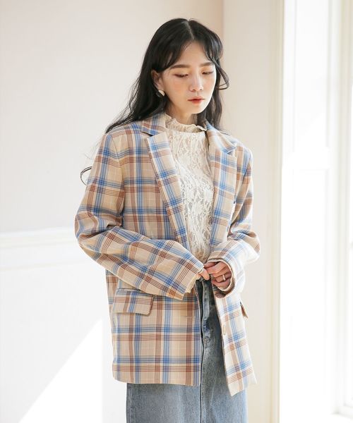 UNE MANSION(ユヌマンション)の「チェックオーバーシルエットテーラードジャケット(テーラードジャケット)」|ベージュ