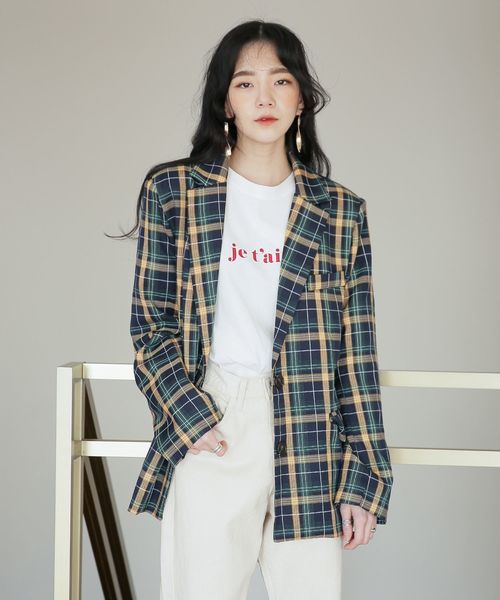 UNE MANSION(ユヌマンション)の「チェックオーバーシルエットテーラードジャケット(テーラードジャケット)」|ネイビー