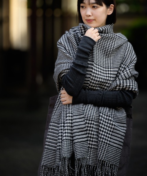 セール】ウール混大判チェックフリンジストール（ストール/ショール