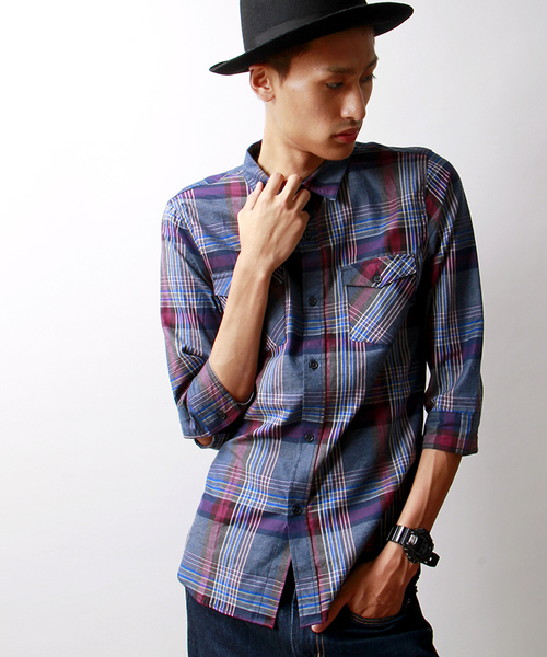 WEGO（ウィゴー）の「WEGO/メランジタータンチェック7分袖シャツ（シャツ/ブラウス・メンズ・ブルー/レッド・MEDIUM/LARGE）」の2枚目の写真