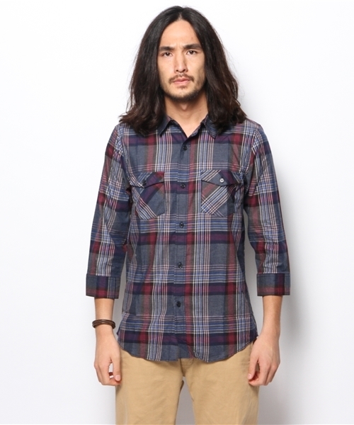 WEGO（ウィゴー）の「WEGO/メランジタータンチェック7分袖シャツ（シャツ/ブラウス・メンズ・ブルー/レッド・MEDIUM/LARGE）」の6枚目の写真