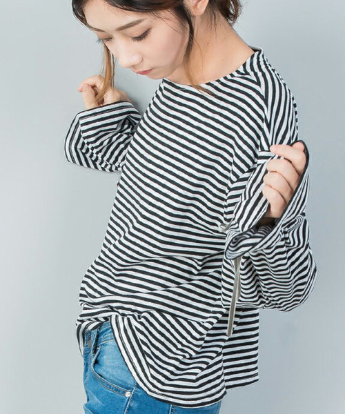 FUNALIVE（ファンアライブ）の「【U-BASIC】べルタイプロング袖ストライプTシャツ（Tシャツ/カットソー・レディース・オレンジ/ブラック・FREE）」の3枚目の写真