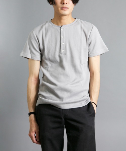 Bling Leads(ブリングリーズ)の「Bling Leads/サーマル半袖ヘンリーネックTee(Tシャツ/カットソー・メンズ・ホワイト/ブラック/グレー/カーキ/ネイビー/サックスブルー/ライトピンク・LARGE/X-LARGE/MEDIUM)」の3枚目の写真