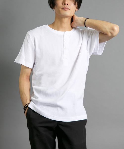 Bling Leads(ブリングリーズ)の「Bling Leads/サーマル半袖ヘンリーネックTee(Tシャツ/カットソー・メンズ・ホワイト/ブラック/グレー/カーキ/ネイビー/サックスブルー/ライトピンク・LARGE/X-LARGE/MEDIUM)」の1枚目の写真