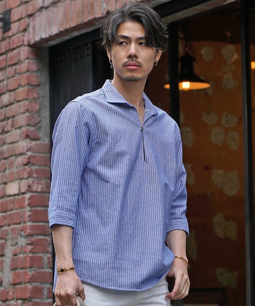 JOKER（ジョーカー）の「【JOKER】スキッパーシャツ メンズ 7分袖シャツ 綿 コットン カプリポロシャツ ストライプ 無地 ホワイト 春服（シャツ/ブラウス・メンズ・ホワイト/ネイビー/ピンク/ミント/ホワイト系その他/ブルー系その他/イエロー/ベージュ/ネイビー系1/ブルー・M/L/XL）」の8枚目の写真