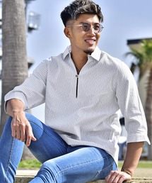 JOKER | 【JOKER】スキッパーシャツ メンズ 7分袖シャツ 綿 コットン カプリシャツ ストライプ 無地 ホワイト 夏服 春服(シャツ/ブラウス)