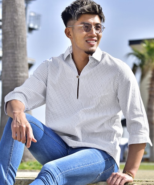 JOKER（ジョーカー）の「【JOKER】スキッパーシャツ メンズ 7分袖シャツ 綿 コットン カプリポロシャツ ストライプ 無地 ホワイト 春服（シャツ/ブラウス・メンズ・ホワイト/ネイビー/ピンク/ミント/ホワイト系その他/ブルー系その他/イエロー/ベージュ/ネイビー系1/ブルー・M/L/XL）」の3枚目の写真