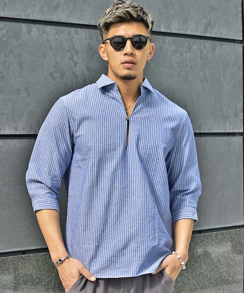 JOKER（ジョーカー）の「【JOKER】スキッパーシャツ メンズ 7分袖シャツ 綿 コットン カプリポロシャツ ストライプ 無地 ホワイト 春服（シャツ/ブラウス・メンズ・ホワイト/ネイビー/ピンク/ミント/ホワイト系その他/ブルー系その他/イエロー/ベージュ/ネイビー系1/ブルー・M/L/XL）」の7枚目の写真