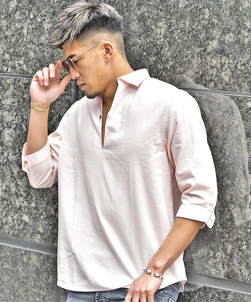 JOKER（ジョーカー）の「【JOKER】スキッパーシャツ メンズ 7分袖シャツ 綿 コットン カプリポロシャツ ストライプ 無地 ホワイト 春服（シャツ/ブラウス・メンズ・ホワイト/ネイビー/ピンク/ミント/ホワイト系その他/ブルー系その他/イエロー/ベージュ/ネイビー系1/ブルー・M/L/XL）」の10枚目の写真