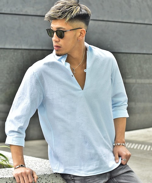 JOKER（ジョーカー）の「【JOKER】スキッパーシャツ メンズ 7分袖シャツ 綿 コットン カプリポロシャツ ストライプ 無地 ホワイト 春服（シャツ/ブラウス・メンズ・ホワイト/ネイビー/ピンク/ミント/ホワイト系その他/ブルー系その他/イエロー/ベージュ/ネイビー系1/ブルー・M/L/XL）」の5枚目の写真