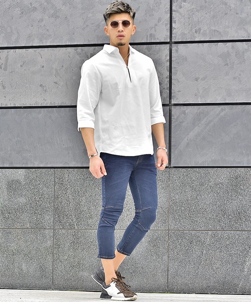 JOKER（ジョーカー）の「【JOKER】スキッパーシャツ メンズ 7分袖シャツ 綿 コットン カプリポロシャツ ストライプ 無地 ホワイト 春服（シャツ/ブラウス・メンズ・ホワイト/ネイビー/ピンク/ミント/ホワイト系その他/ブルー系その他/イエロー/ベージュ/ネイビー系1/ブルー・M/L/XL）」の17枚目の写真