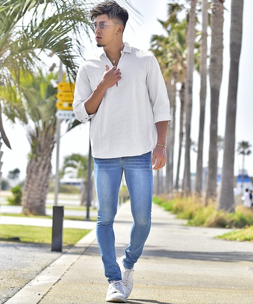 JOKER（ジョーカー）の「【JOKER】スキッパーシャツ メンズ 7分袖シャツ 綿 コットン カプリポロシャツ ストライプ 無地 ホワイト 春服（シャツ/ブラウス・メンズ・ホワイト/ネイビー/ピンク/ミント/ホワイト系その他/ブルー系その他/イエロー/ベージュ/ネイビー系1/ブルー・M/L/XL）」の14枚目の写真