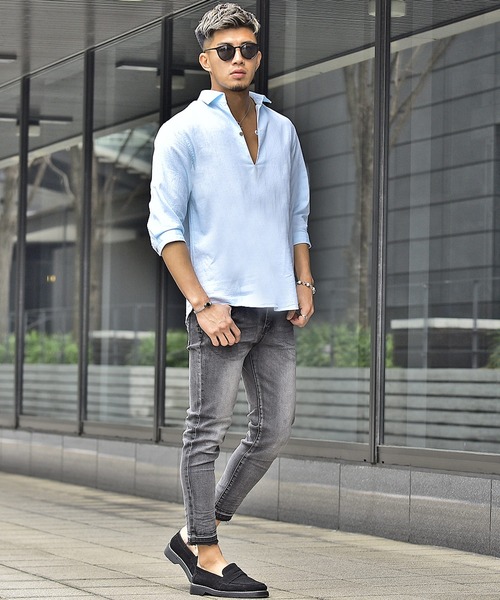 JOKER（ジョーカー）の「【JOKER】スキッパーシャツ メンズ 7分袖シャツ 綿 コットン カプリポロシャツ ストライプ 無地 ホワイト 春服（シャツ/ブラウス・メンズ・ホワイト/ネイビー/ピンク/ミント/ホワイト系その他/ブルー系その他/イエロー/ベージュ/ネイビー系1/ブルー・M/L/XL）」の11枚目の写真