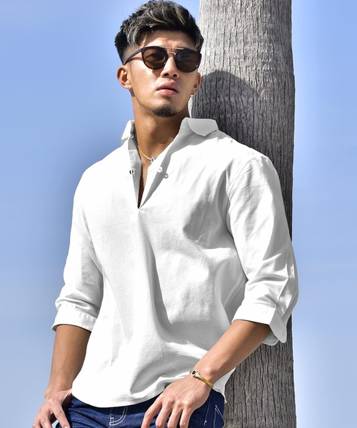 JOKER（ジョーカー）の「【JOKER】スキッパーシャツ メンズ 7分袖シャツ 綿 コットン カプリポロシャツ ストライプ 無地 ホワイト 春服（シャツ/ブラウス・メンズ・ホワイト/ネイビー/ピンク/ミント/ホワイト系その他/ブルー系その他/イエロー/ベージュ/ネイビー系1/ブルー・M/L/XL）」の22枚目の写真