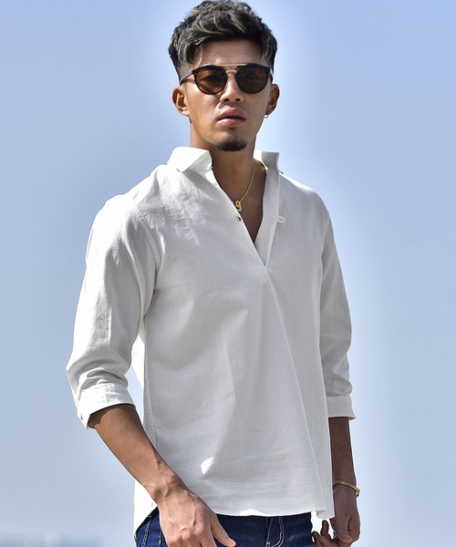 JOKER（ジョーカー）の「【JOKER】スキッパーシャツ メンズ 7分袖シャツ 綿 コットン カプリポロシャツ ストライプ 無地 ホワイト 春服（シャツ/ブラウス・メンズ・ホワイト/ネイビー/ピンク/ミント/ホワイト系その他/ブルー系その他/イエロー/ベージュ/ネイビー系1/ブルー・M/L/XL）」の20枚目の写真