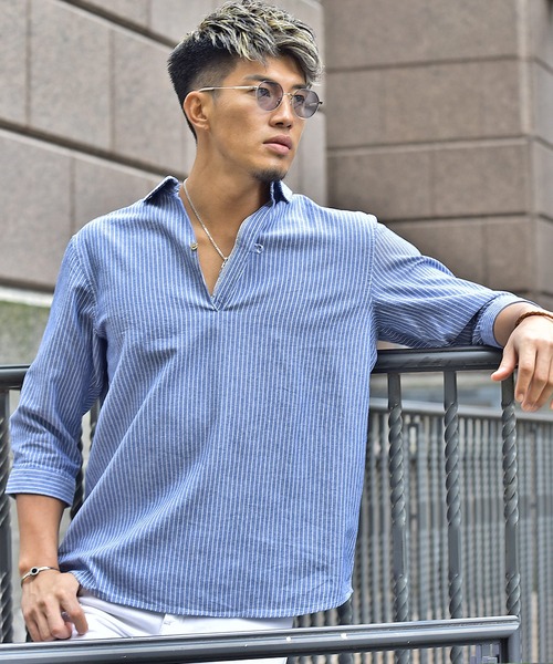 JOKER（ジョーカー）の「【JOKER】スキッパーシャツ メンズ 7分袖シャツ 綿 コットン カプリポロシャツ ストライプ 無地 ホワイト 春服（シャツ/ブラウス・メンズ・ホワイト/ネイビー/ピンク/ミント/ホワイト系その他/ブルー系その他/イエロー/ベージュ/ネイビー系1/ブルー・M/L/XL）」の21枚目の写真