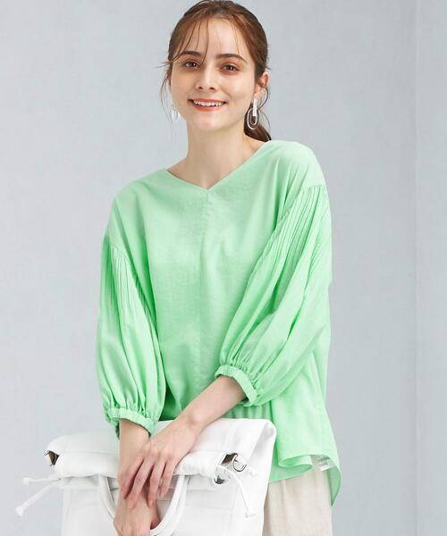 green label relaxing（グリーンレーベルリラクシング）の「FFC プリーツ スリーブ Vネック ブラウス（シャツ/ブラウス・レディース・ホワイト/ライム/ブラック・FREE）」の3枚目の写真