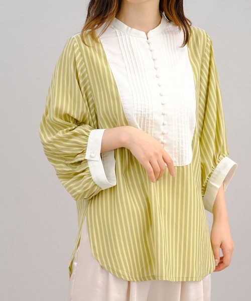 ANDJ(アンドジェイ)の「先染めストライプ柄異素材ブザム切替ブラウス(シャツ/ブラウス・レディース・ピンク/ライトブルー/グリーン・M)」の17枚目の写真