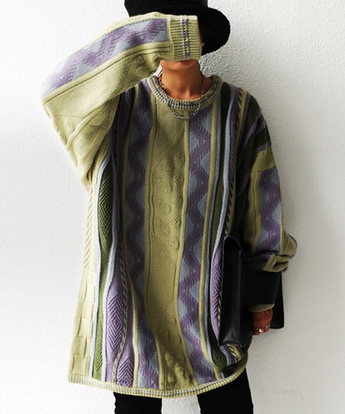 antiqua（アンティカ）の「レトロなざっくりジャガードニット（ニット/セーター・レディース・カーキ・M/L/L/XL）」の11枚目の写真