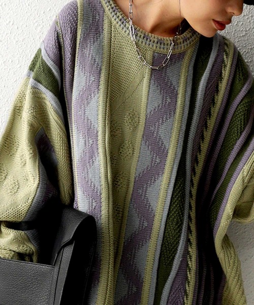 antiqua（アンティカ）の「レトロなざっくりジャガードニット（ニット/セーター・レディース・カーキ・M/L/L/XL）」の15枚目の写真