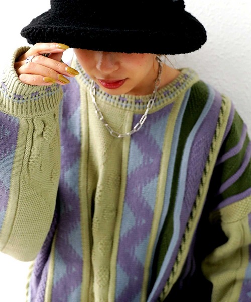 antiqua（アンティカ）の「レトロなざっくりジャガードニット（ニット/セーター・レディース・カーキ・M/L/L/XL）」の16枚目の写真