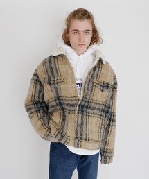 VTG FIT SHERPA TRUCKER OVERSIZE CAMEL BLUE PLAID TRUCKER