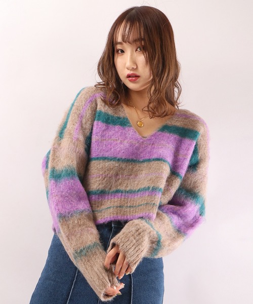 EACH.(イーチ)の「【EACH】V-NECK STRIPE KNIT Vネックストライプニット(ニット/セーター・レディース・ブラウン/グリーン・FREE)」の5枚目の写真