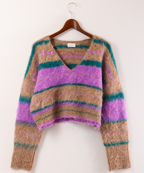 EACH.(イーチ)の「【EACH】V-NECK STRIPE KNIT Vネックストライプニット(ニット/セーター・レディース・ブラウン/グリーン・FREE)」の3枚目の写真