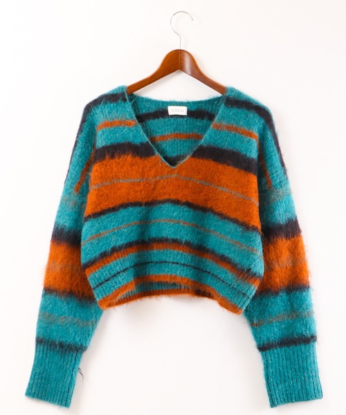 EACH.(イーチ)の「【EACH】V-NECK STRIPE KNIT Vネックストライプニット(ニット/セーター・レディース・ブラウン/グリーン・FREE)」の9枚目の写真