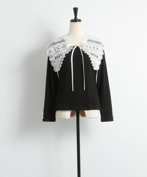 tocco closet(トッコ クローゼット)の「取り外し可能なビックレースカラー付き袖口パール装飾リブカットソー(Tシャツ/カットソー・レディース・ブラック/ベージュ・M)」の15枚目の写真