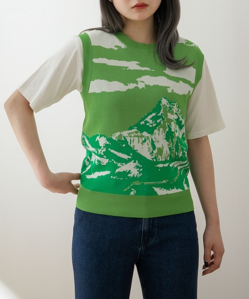 HEYUMM（ヘユム）の「グラフィックニットベスト（ベスト・レディース・イエロー/ブルー/グリーン・ONE）」の2枚目の写真