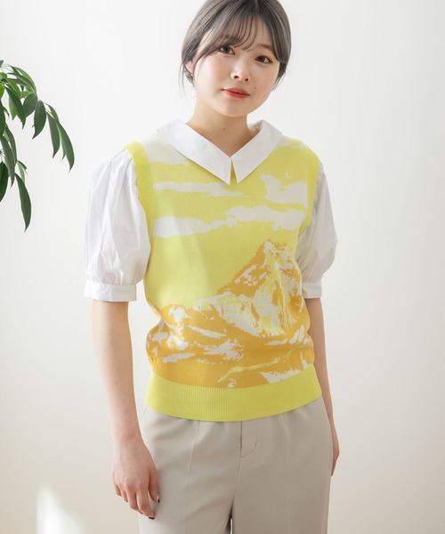 HEYUMM（ヘユム）の「グラフィックニットベスト（ベスト・レディース・イエロー/ブルー/グリーン・ONE）」の5枚目の写真