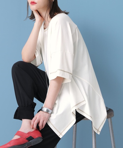 osharewalker（オシャレウォーカー）の「【廃盤】【機能素材】『変形Tシャツ』（Tシャツ/カットソー・レディース・ブラック/ブラウン/オフホワイト/イエロー/グレイッシュブルー・FREE）」の12枚目の写真