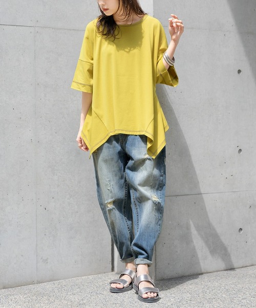 osharewalker（オシャレウォーカー）の「【廃盤】【機能素材】『変形Tシャツ』（Tシャツ/カットソー・レディース・ブラック/ブラウン/オフホワイト/イエロー/グレイッシュブルー・FREE）」の7枚目の写真