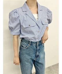 パフスリーブストライプブラウス