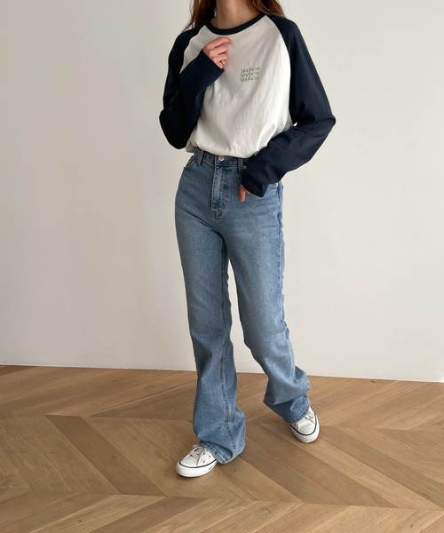 CANAL JEAN（キャナルジーン）の「RED CHOP WORKS(レッドチョップワークス) "kindness"配色ラグランロングTシャツ（Tシャツ/カットソー・レディース・ネイビー/ブラック・ONE SIZE）」の7枚目の写真