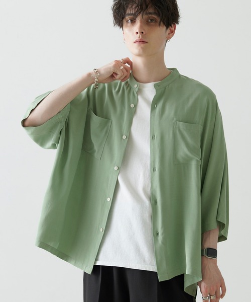 Anchor Smith（アンカー スミス）の「ルーズドルマンレーヨンバンドカラーシャツ（シャツ/ブラウス・メンズ・ブラウン/グリーン/ベージュ/チャコール/ライトグレー/ホワイト/グレイッシュブルー/ブラック/スモークグレー/ダークネイビー・M/L）」の8枚目の写真