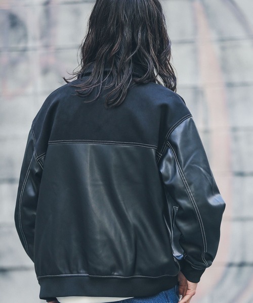 URBAN RESEARCH Sonny Label(アーバンリサーチサニーレーベル)の「異素材切替フェイクレザーブルゾン(ブルゾン・メンズ・グリーン系その他/ブラック・LARGE/MEDIUM)」の3枚目の写真