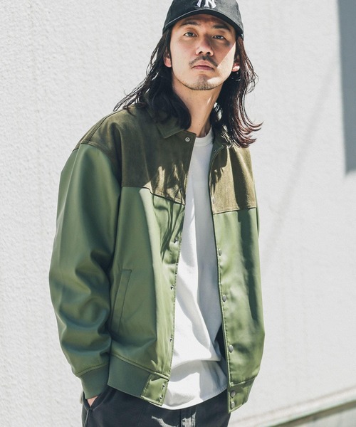 URBAN RESEARCH Sonny Label(アーバンリサーチサニーレーベル)の「異素材切替フェイクレザーブルゾン(ブルゾン・メンズ・グリーン系その他/ブラック・LARGE/MEDIUM)」の1枚目の写真