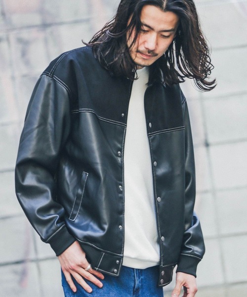 URBAN RESEARCH Sonny Label(アーバンリサーチサニーレーベル)の「異素材切替フェイクレザーブルゾン(ブルゾン・メンズ・グリーン系その他/ブラック・LARGE/MEDIUM)」の2枚目の写真