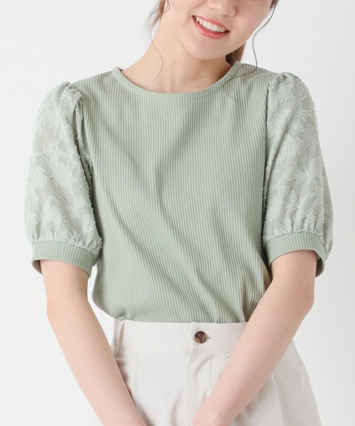 異素材トップス Honeys（ハニーズ）の「6分袖異素材トップス（Tシャツ