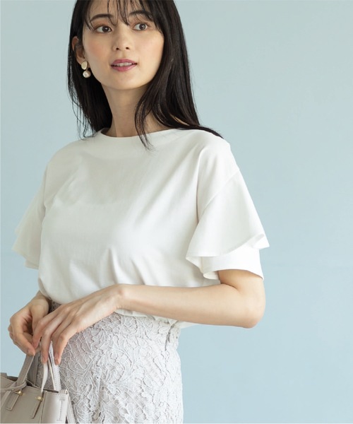 index（インデックス）の「◆フリルスリーブカットソー【UV/接触冷感/洗濯機洗い可/5色展開】（Tシャツ/カットソー・レディース・ライトグレー/ライトブルー/ブラック/レモンイエロー/ホワイト系・36/38/40/42）」の2枚目の写真