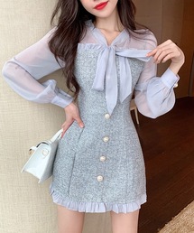 ◆シフォン ブラウス ツイード ワンピース レトロ ツーピース セール】 【OUTLET】ツイードpt. シフォンブラウス （シャツ